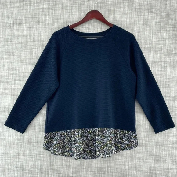 Talbots Navy Blue Blouse with Floral Hem - Picture 1 of 7